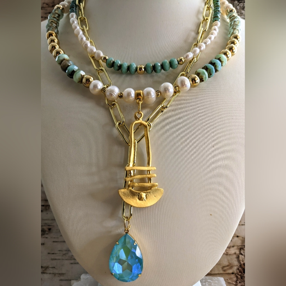 Blue Mint Czech Glass Beads & Pearls In 3 Layered Statement Paperclip Necklace